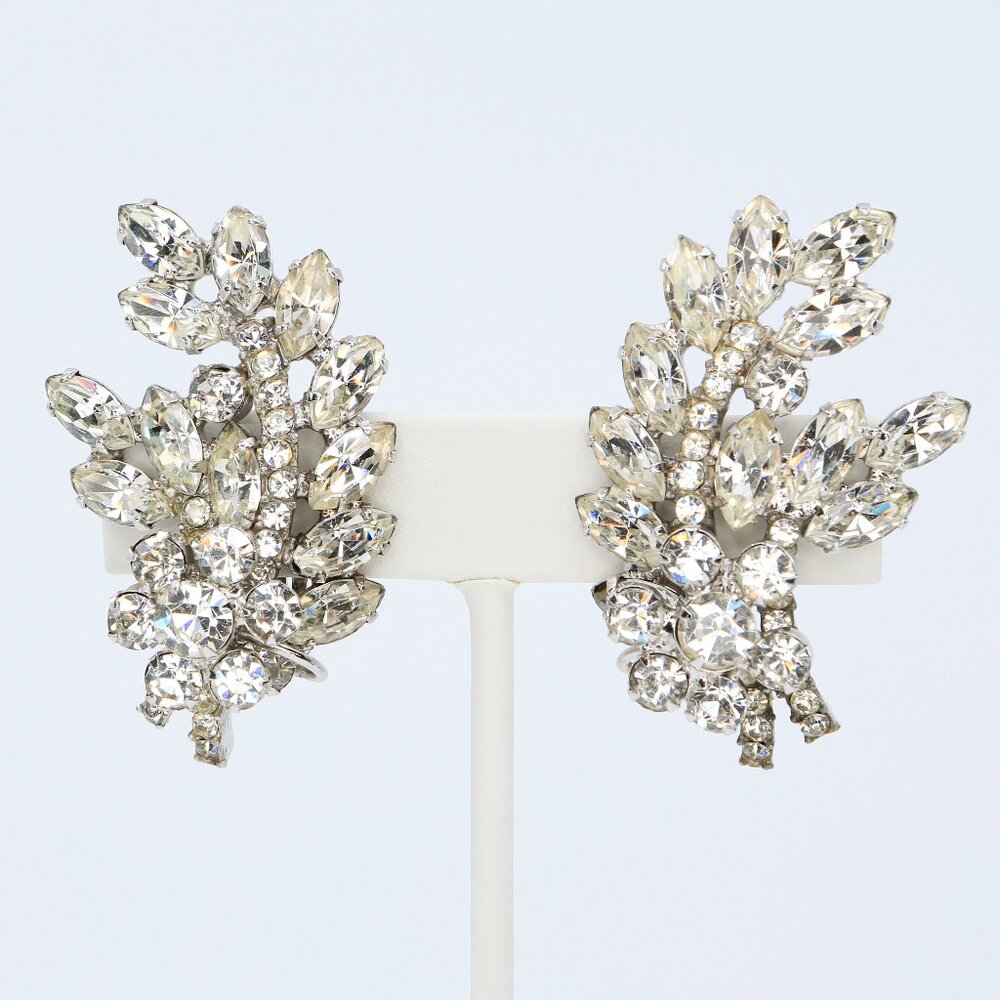Vintage Verified D&E Juliana Floral and Leaf Rhinestone Clip On Earrings 1960s